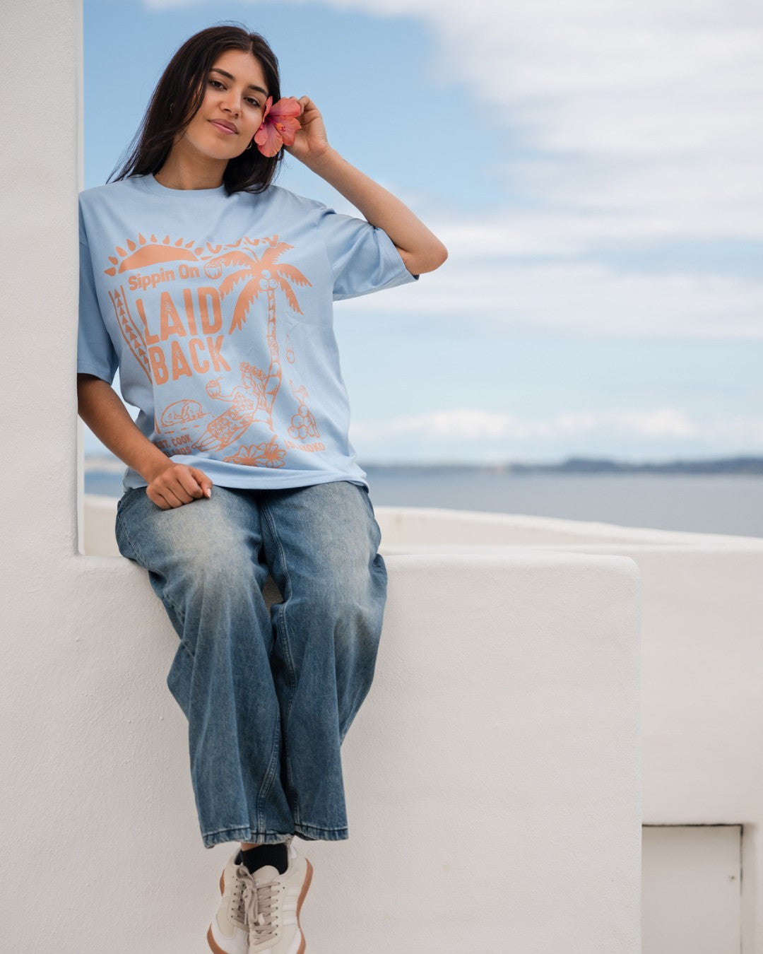 Laid Back Oversized T-Shirt - Light Blue & Peachy Tan - Sitting