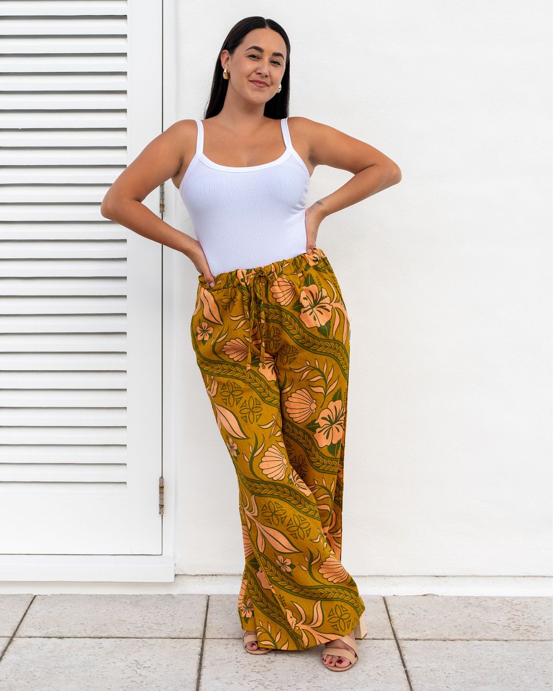 Kalea Womens Wide Leg Island Pants - Island Vines Gold