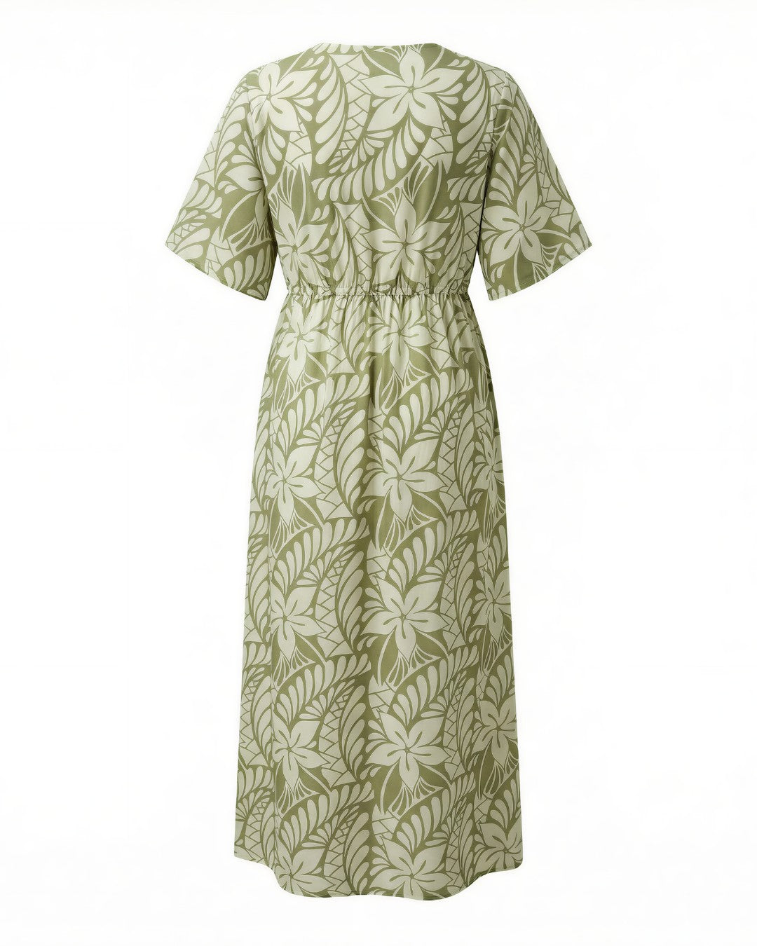 Green and white patterned dress on a white background