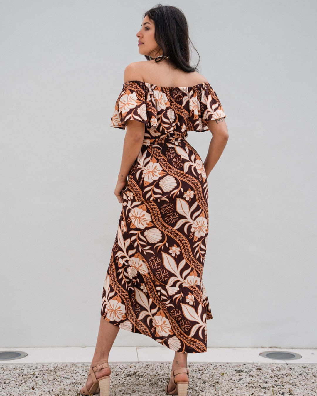 Teuila Womens Off Shoulder Island Dress - Island Vines Tim Tam - Front