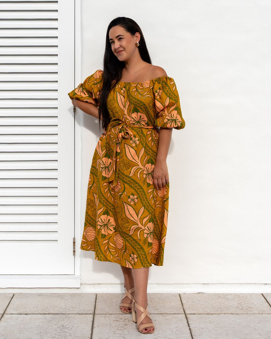 Zendaya Womens Off Shoulder Island Dress - Island Vines Gold