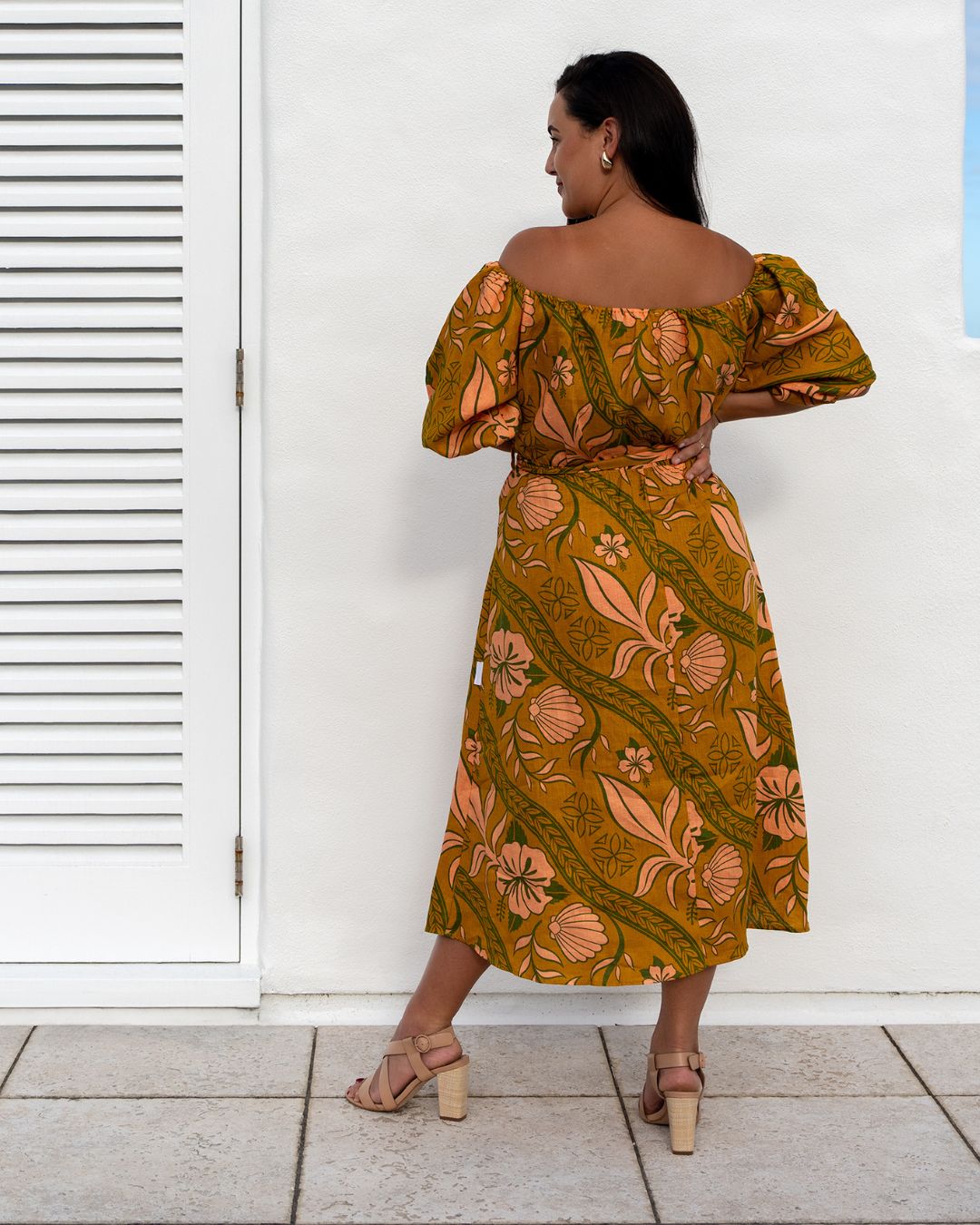 Zendaya Womens Off Shoulder Island Dress - Island Vines Gold